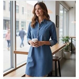 J. Crew Women’s L Denim Boho Tie Long Sleeve Blue Tunic Dress Elevated Staple